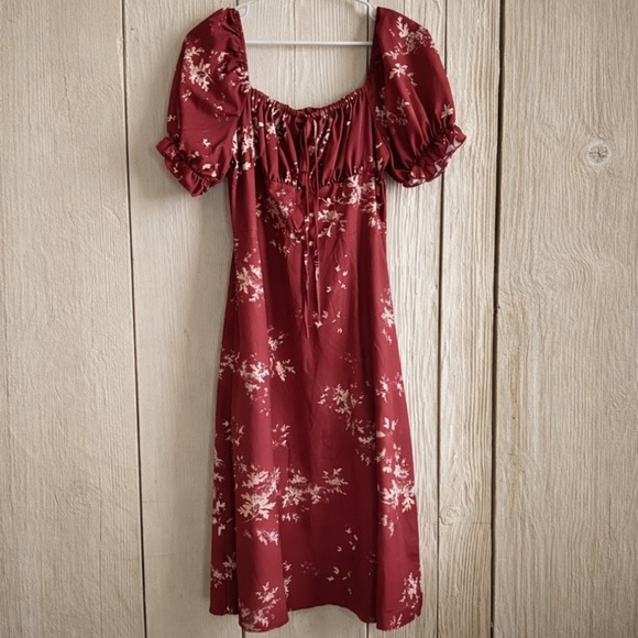 RIHOAS Dresses & Skirts - Rihoas Burgundy Floral Midi Maxi Dress Puff Sleeve Cottagecore | Size Large